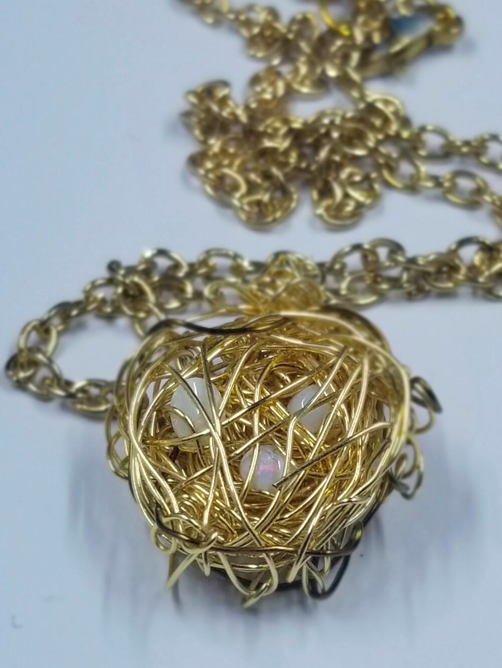 Genuine Opal Egg Whimsical Wire-Wrapped Bird's Nest Pendant